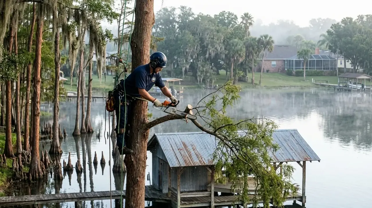 Lakefront tree service on the Winter Haven Chain of Lakes with a climber pruning bald cypress limbs over a boathouse roof