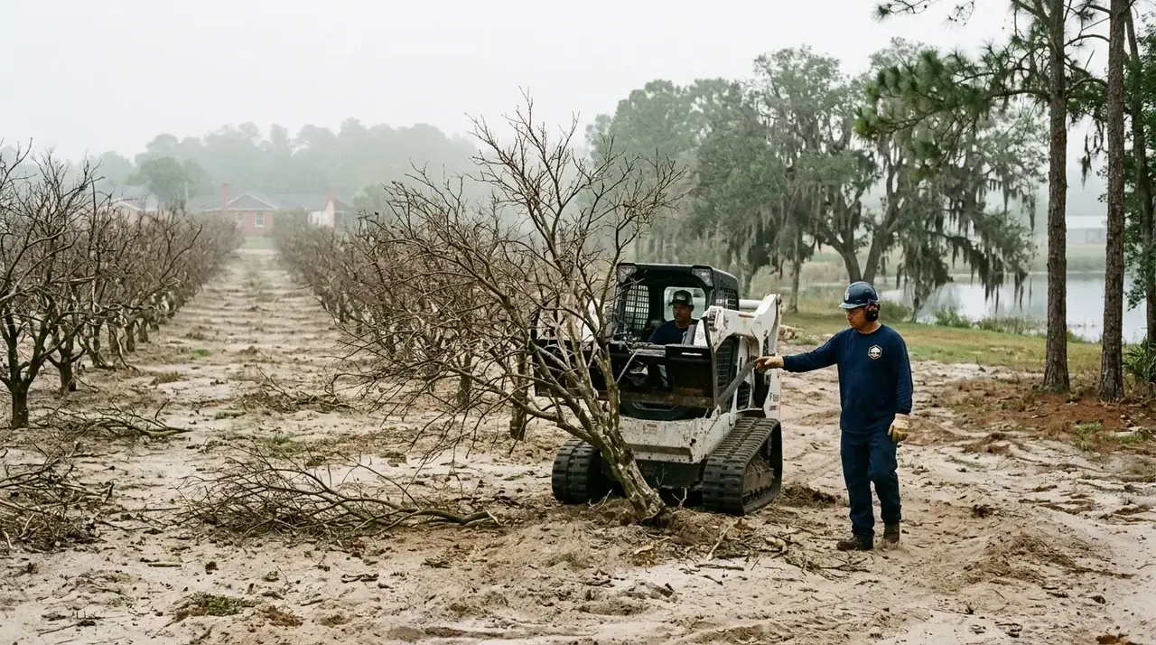 Land clearing near Winter Haven with a crew removing rows of dead citrus trees from an old grove