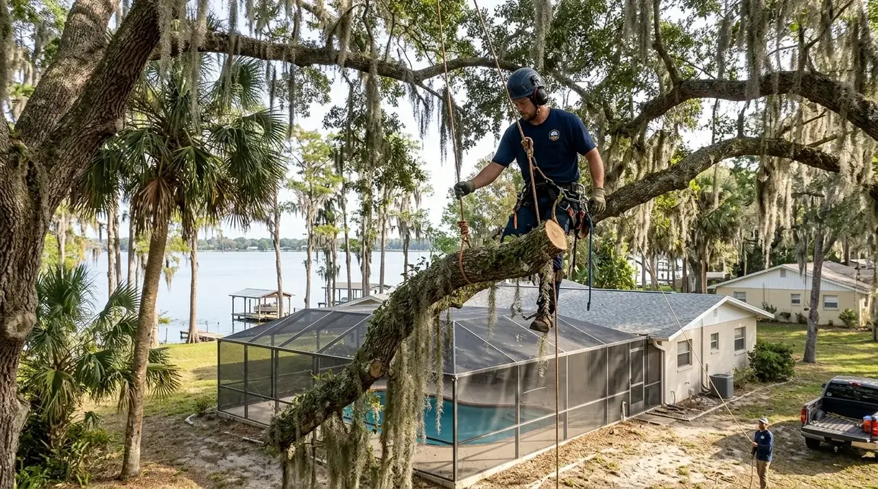 Winter Haven tree removal climber lowering a laurel oak limb on a rope over a screened pool cage