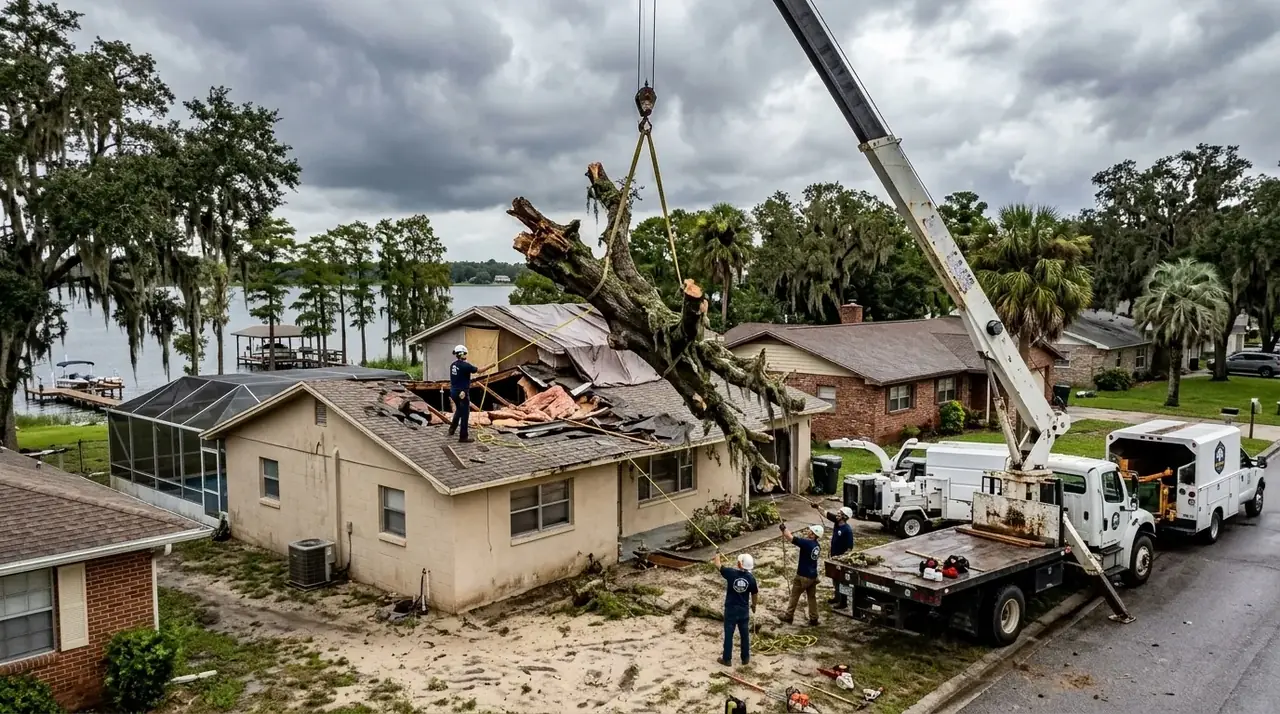 Emergency tree removal in Winter Haven with a crane lifting a fallen laurel oak trunk off a shingle roof