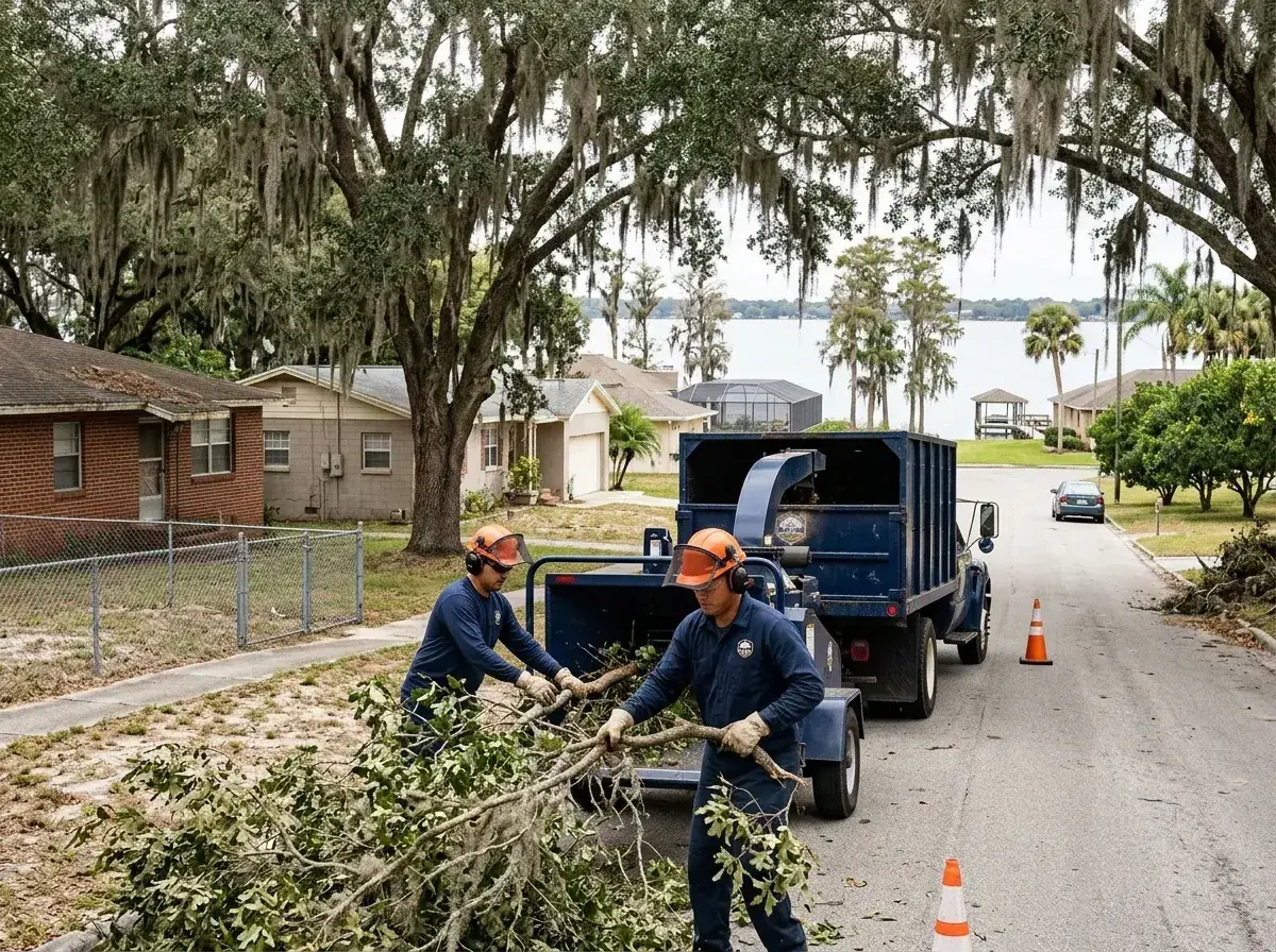 Two tree workers feeding brush into a chipper on a residential street in Winter Haven