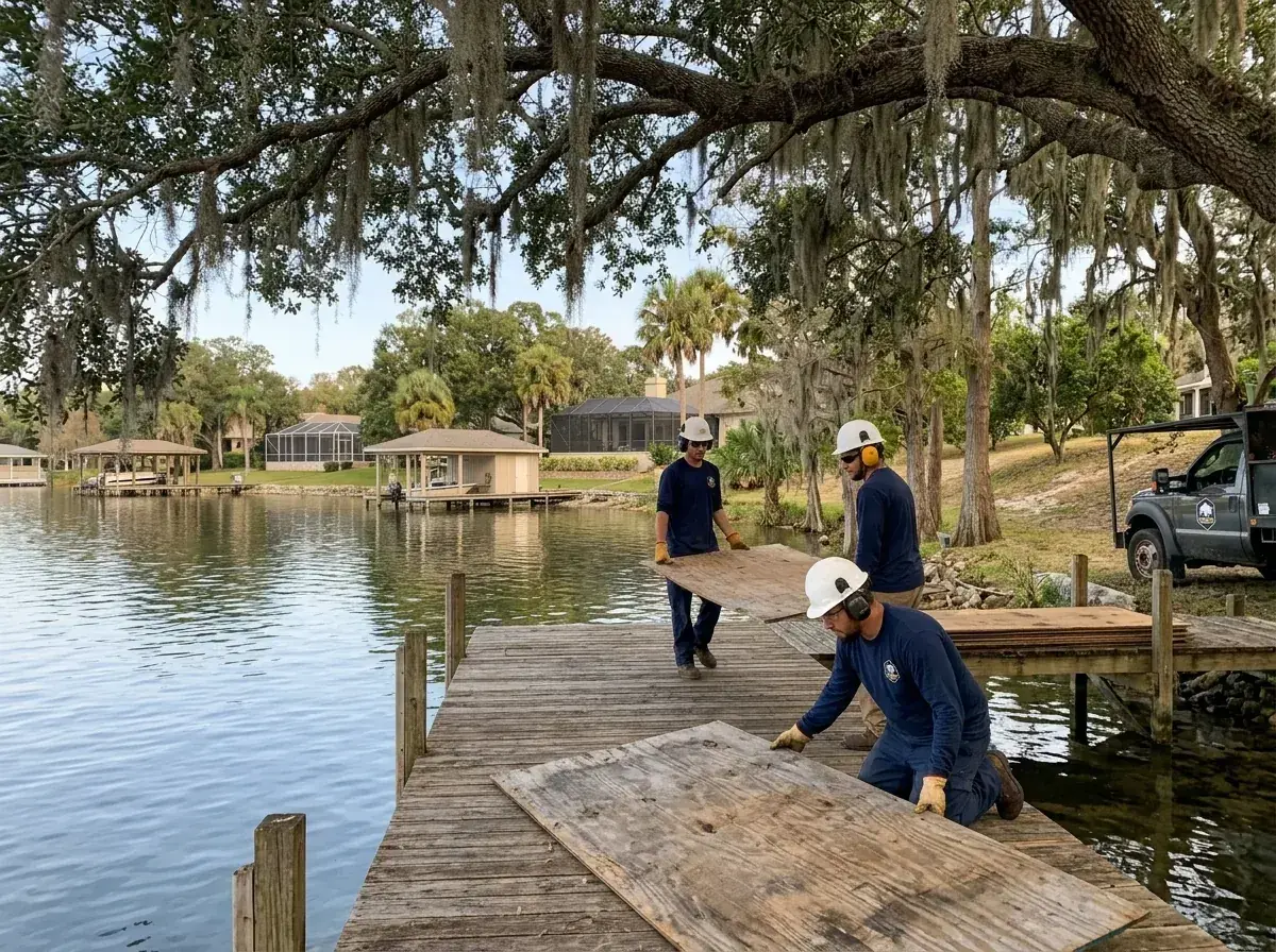 Tree crew laying protective boards over a wooden dock before tree work in Winter Haven