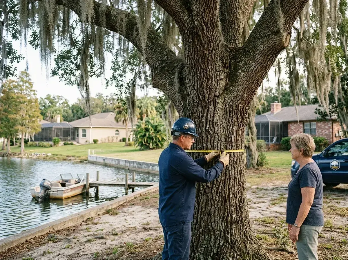 Estimator checking the trunk of an oak near a lake with a homeowner in Winter Haven