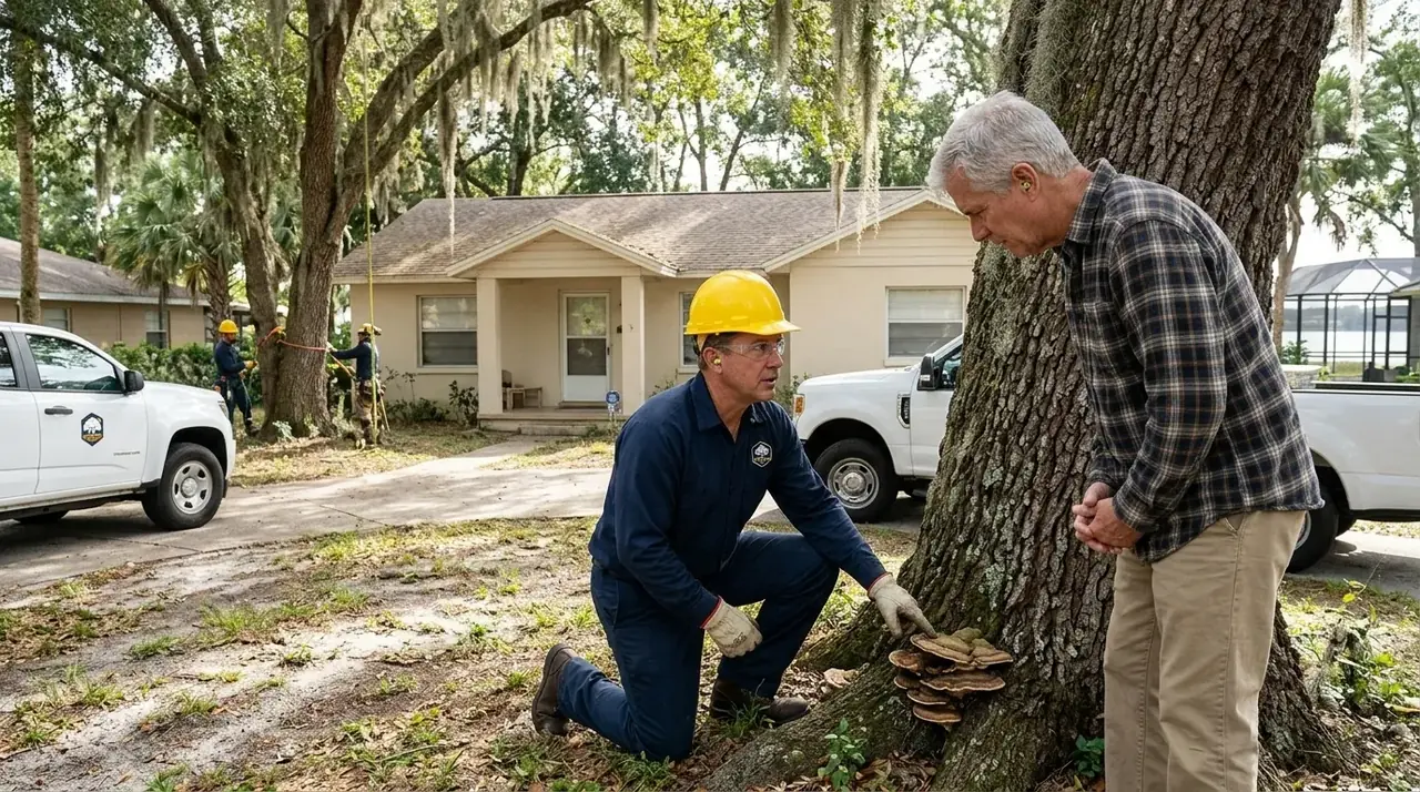 Tree risk assessment in Winter Haven with a crew lead inspecting the root flare of a laurel oak for decay