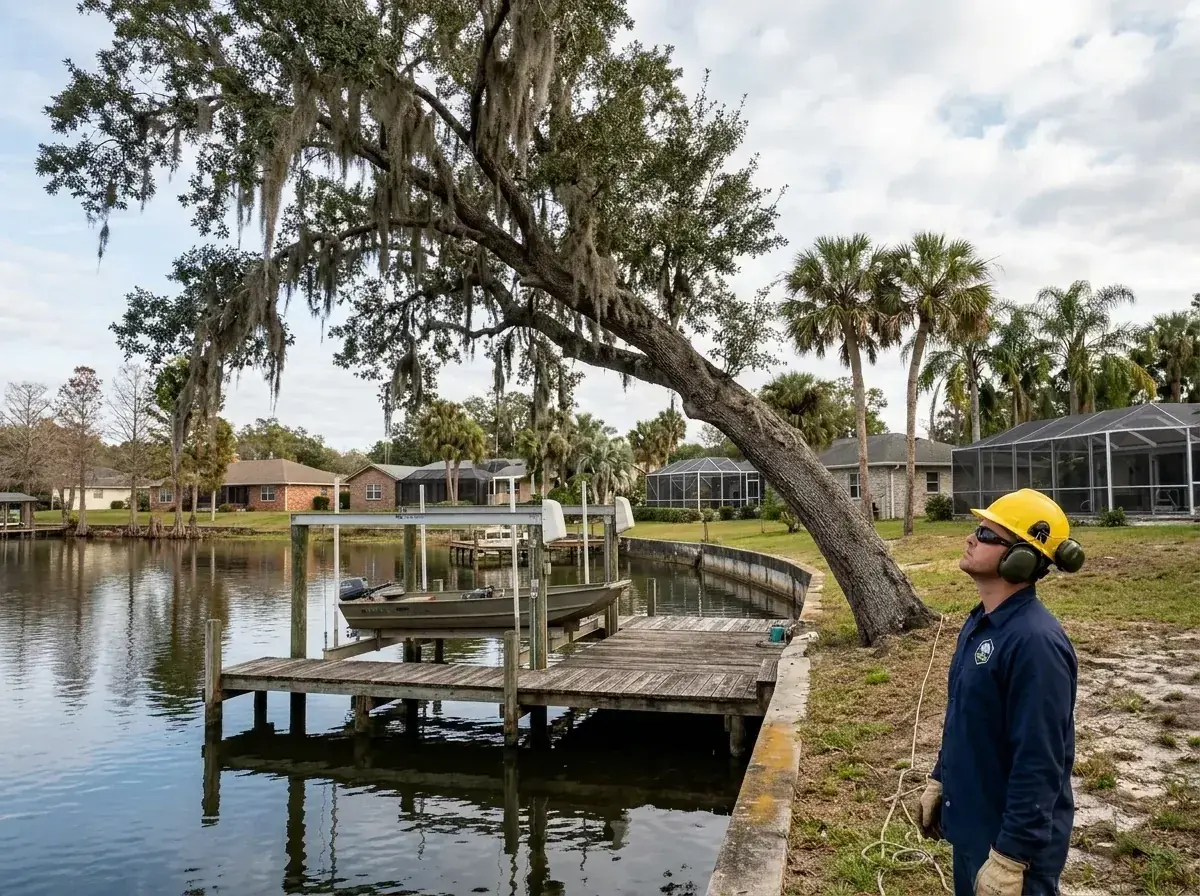 Winter Haven tree service crew inspecting a live oak leaning over a boat dock on the Chain of Lakes