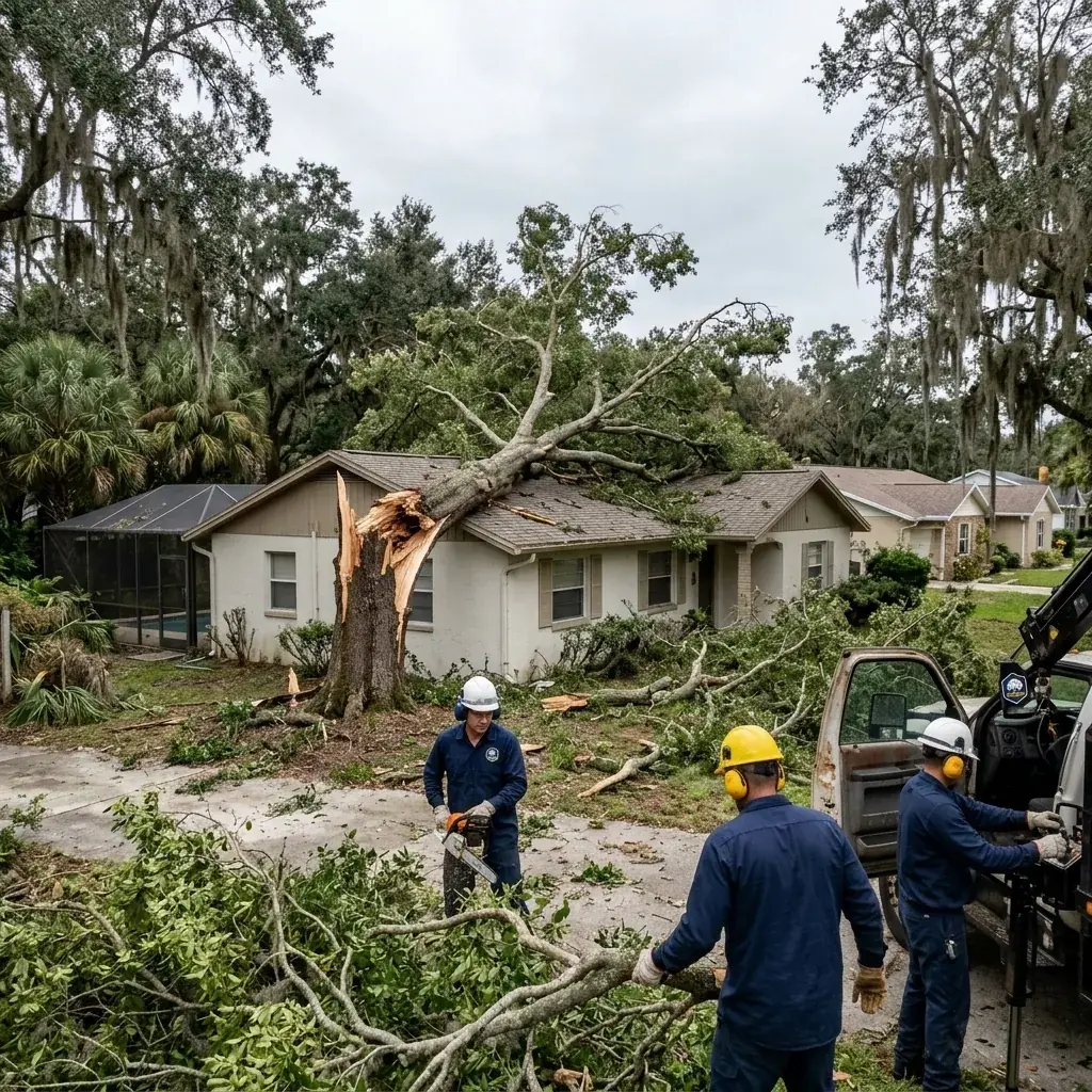Storm-split laurel oak resting on a roof in Winter Haven after a hurricane