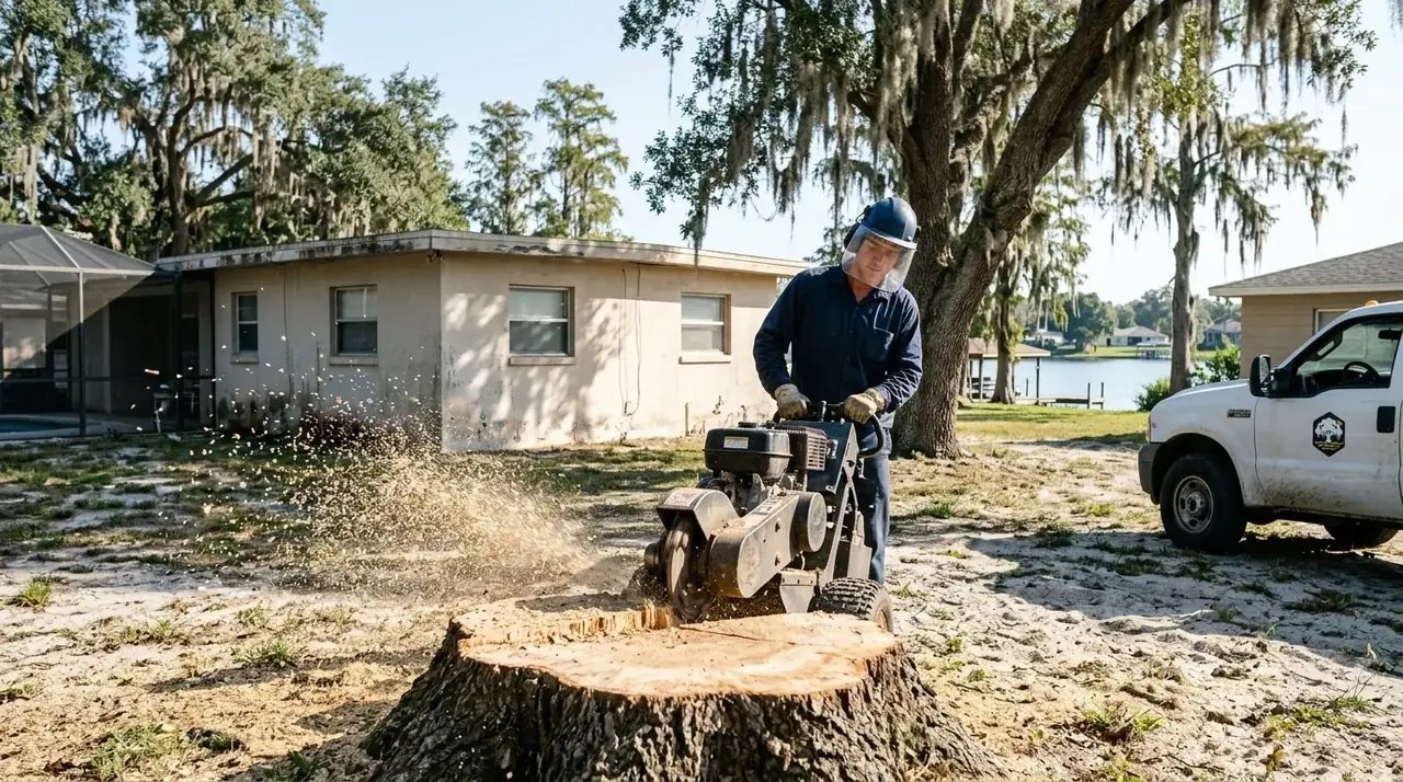 Stump grinding in Winter Haven with a compact grinder chewing an oak stump down in a sandy backyard