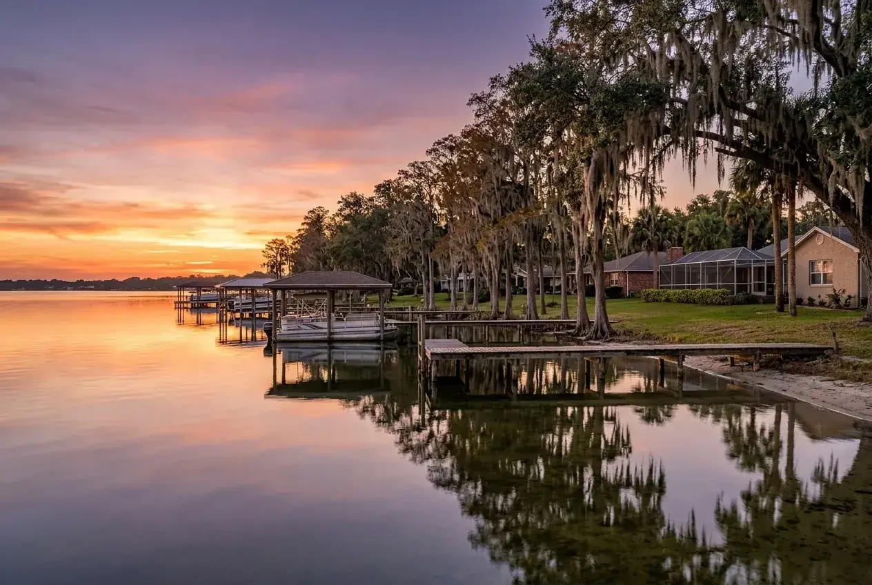 Sunset over a Winter Haven Chain of Lakes shoreline lined with oaks and cypress